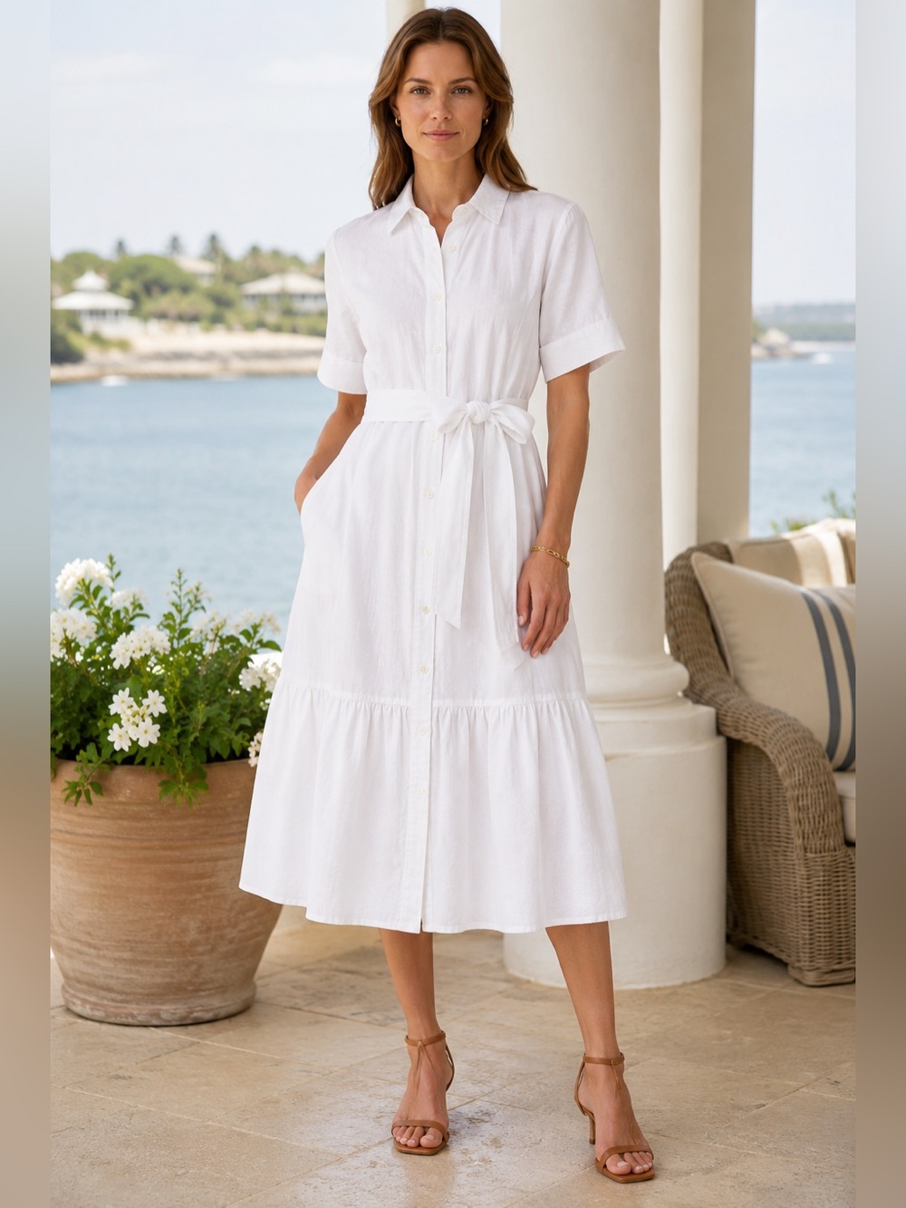 Polo Ralph Lauren White Linen Shirt Dress Belted Button Front Midi Size 8